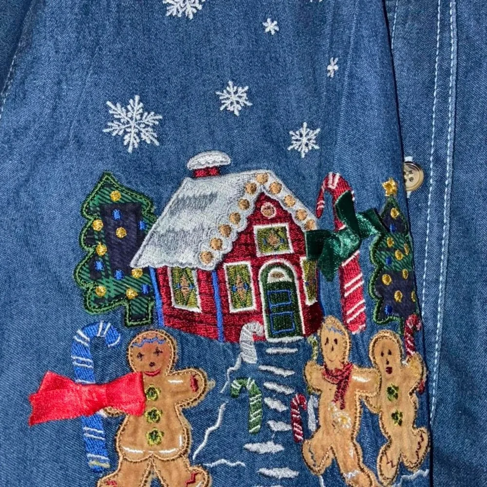 Women’s Holiday Denim Shirt with Gingerbread House Embroidery